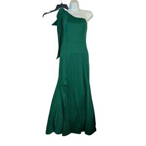 Emerald Green One-Shoulder Maxi Dress With Side Slit & Bow Accent